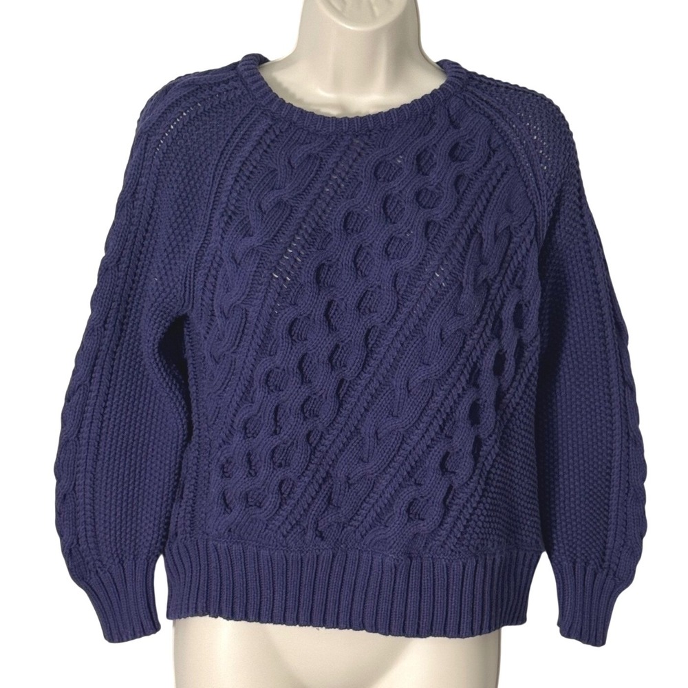 J.Crew Diagonal Cable Knit Crew Neck Sweater Blue Sz S AK157 Preppy Chunky Knit